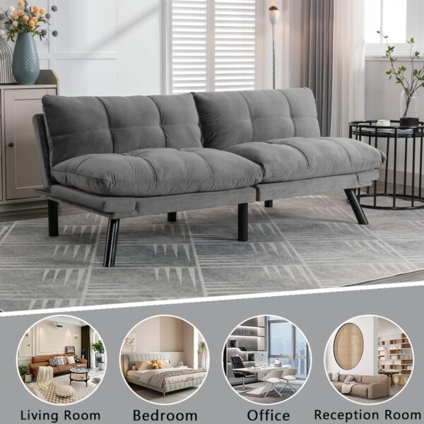 71" Velvet Futon Couch Bed with Mattress Included,Convertible Folding Sleeper Sofa Bed with Adjustable Backrests,Modern Loveseat Sleeper for Living Room Bedroom Small Space Home Office (Grey) - Image 7