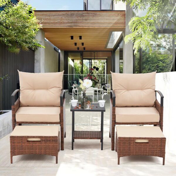AVAWING 5 Pieces Patio Furniture Set, Outdoor Rattan Chairs with Metal Coffee Table, Ottomans & Soft Cushions, Wicker Conversation Bistro Set for Garden, Deck, Balcony, Poolside(Beige) - Image 7