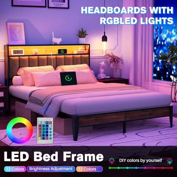 Queen Bed Frame, Queen Bed Frame with LED Light Headboard and 1 Type C & 2 USB Charging Station, Heavy Duty Metal Bed Frame No Box Spring Needed - Easy Assembly and Noise Free (English) - Image 5