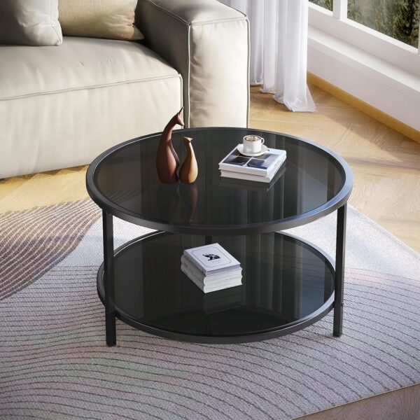 SAYGOER 27.6'' Round Coffee Table 2 Tier Black Glass Coffee Tables with Storage Shelf for Large or Small Space Modern Simple Sofa Table for Living Room Home Office, Easy Assembly… - Image 3