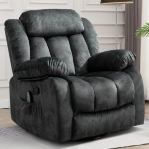 CANMOV Massage Swivel Rocker Recliner Chair with Heat and Vibration, 360 Degree Swivel Manual Recliners Antiskid Fabric Single Sofa Heavy Duty Reclining Chair for Living Room, Grey Green