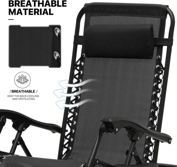 MoNiBloom Table and Patio Chairs Set of 3, Outdoor Adjustable Zero Gravity Folding Breathable Mesh Reclining Lounge Chairs with Pillow and Side Tray, 330lbs Capacity - Black - Image 7