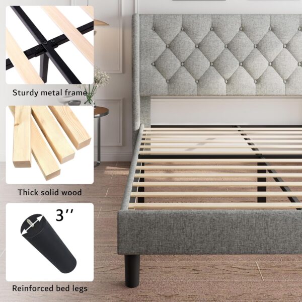 iPormis Queen Size Platform Bed Frame with Button Tufted Headboard, Upholstered Bed Frame with Solid Wooden Slats, 8" Underbed Space, No Box Spring Needed, Noise Free, Easy Assembly, Light Gray - Image 5