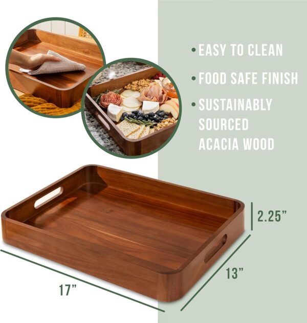 Acacia Wooden Serving Trays with Handles for Eating, Appetizers, Food, Snacks, or Home Decor, Large Wood Bed Tray or TV Tray, Decorative Ottoman or Coffee Table Accessory, 17x13 inch, Set of 2 - Image 2