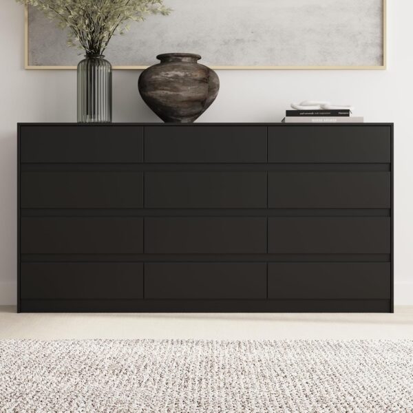 Dresser with 12 Handleless Drawers, 63" Large Chest of Drawers with Slide Rails, Modern Wooden Double Dresser for Bedroom Living Room, Black - Image 3