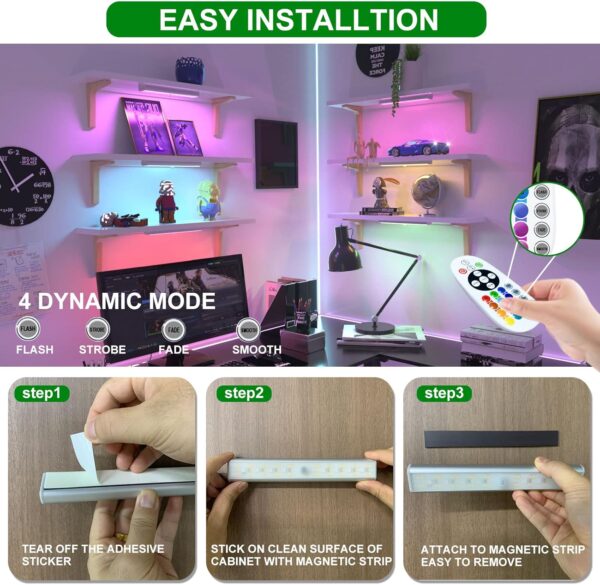 SZOKLED Under Cabinet Lighting Rechargeable 48-LED Wireless Under Cabinet Lights Remote, Kitchen Counter Lights Closet Lights RGB Perfect for Indoor Pantry Display Shelf 15 Color Changing(6 Packs) - Image 7