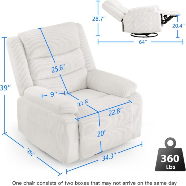 PrimeZone Swivel Rocker Recliner Chair- Oversized Rocking Glider Chair with Electric Massage Heat & USB Ports, Corduroy Reclining Chair for Living Room, Nursery, Bedroom, Home Theater, White - Image 2
