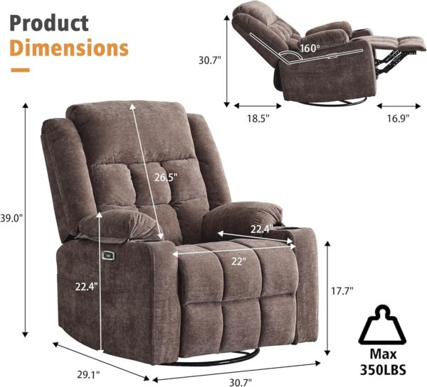 Power Swivel Rocker Recliner Massage Chair, USB and Type-C Ports, Electric Recliner Glider Reading Chairs Living Room, Upholstered Soft Fabric Reclining Sofa Chair (Fabric Coffee) - Image 2