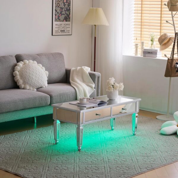 Karl home Silver Coffee Table for Living Room, Modern Mirrored Coffee Table with LED Lights, French Country Design Luxury Mirror Coffee Table with 2 Drawers, Crystal Diamond Knobs - Image 7