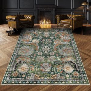 Washable Area Rugs - Perfect for Living Room, Bedroom, Kids Room, Nursery - Stain & Water Resistant Non-Slip, Pet & Child Friendly, Vintage Tribal Area Rugs (Green, 4' x 6')