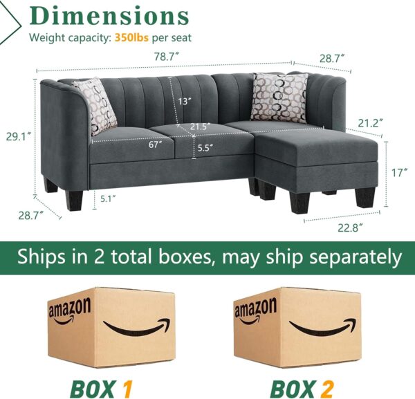 Shintenchi Upgraded Convertible Sectional Sofa Couch, 3 Seat L Shaped Sofa with High Armrest Linen Mid Century Fabric Small Couch for Living Room, Apartment and Office (Charcoal) - Image 2