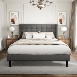 Queen Size Platform Bed Frame with Upholstered Headboard and Wingback, Mattress Foundation with Wooden Slat Support, No Box Spring Needed, Easy Assembly, Noise Free, Dark Gray