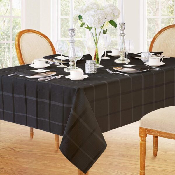 Newbridge 70 Inch Round Fabric Tablecloth, Elegance Plaid, 100% Polyester, No Iron Soil Resistant Dining Room, Party and Banquet Table Cover, Solid Textured, Black - Image 2