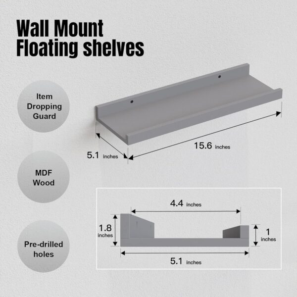 RICHER HOUSE Mounted Shelves for Wall Decor, Modern Picture Ledge Shelf with Lip for Wall Storage, Floating Shelves for Nursery, Bedroom, Living Room, Bathroom - Grey - Image 3