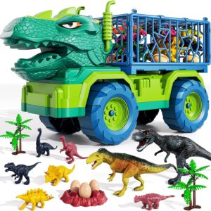 TEMI Dinosaur Truck Toys for Kids 3-5 Years, Tyrannosaurus Transport Car Carrier Truck with 8 Dino Figures, Activity Play Mat, Dinosaur Eggs, Trees, Capture Jurassic Play Set for Boys and Girls
