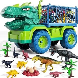 TEMI Dinosaur Truck Toys for Kids 3-5 Years, Tyrannosaurus Transport Car Carrier Truck with 8 Dino Figures, Activity Play Mat, Dinosaur Eggs, Trees, Capture Jurassic Play Set for Boys and Girls
