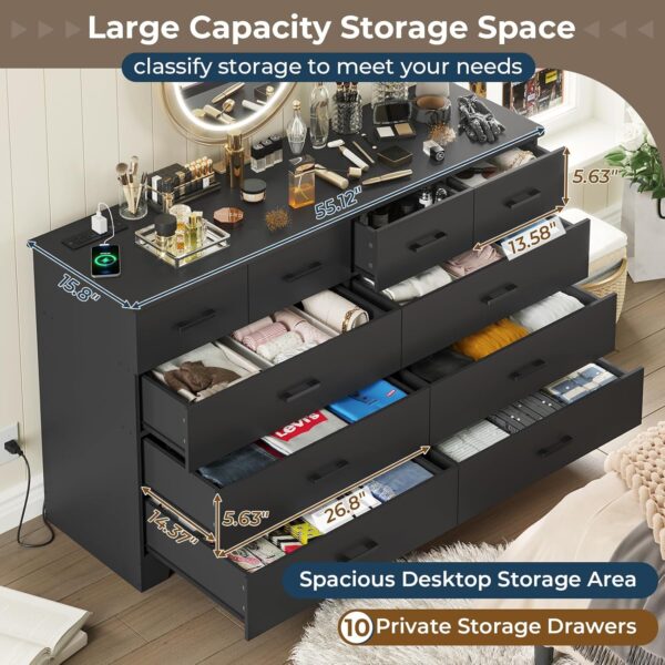 DICTAC Black Bedroom Dresser with 10 Drawers, Large Chest of Drawers Storage Organizer, Long Dresser TV Stand with Power Outlets, Wide Dresser for Bedroom, Living Room (55.1" W x 32.3" H x 15.8" D) - Image 3