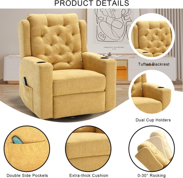 Oversized Massage Swivel Rocker Recliners Glider Chairs Wide Seat Manual Recliner Chairs with Cup Holders, Comfortable Reclining Rocking Chair for Living Room, Yellow - Image 3