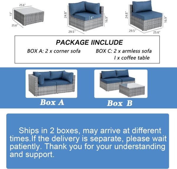 Shintenchi 5 Pieces Outdoor Patio Sectional Sofa Couch, Silver Gray PE Wicker Furniture Conversation Sets with Washable Cushions & Glass Coffee Table for Garden, Poolside, Backyard (Aegean Blue) - Image 2