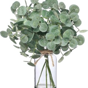Artificial Eucalyptus Stems in Glass Vase with Faux Water, 14" Fake Plant Eucalyptus Leaves for Centerpiece Table Decorations Office Farmhouse Wedding Home Decor (Green)
