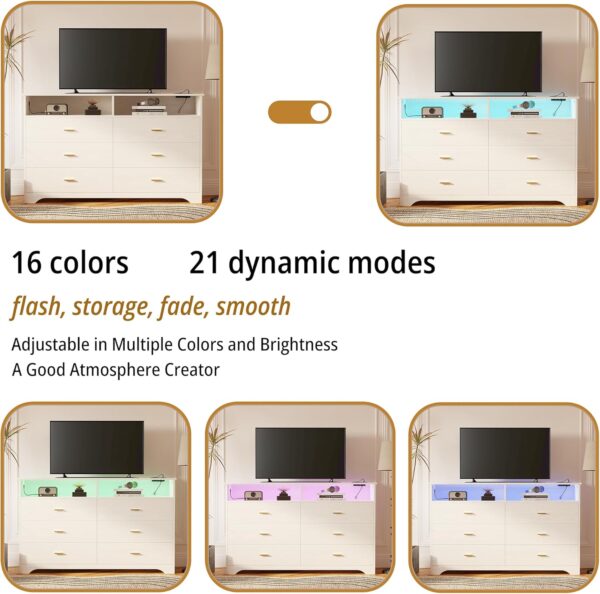 LIKIMIO 6 Drawer 59" White Dresser with LED and Power Strip, Dressers & Chests of Drawers with Storage Cabinet for Bedroom - Image 5