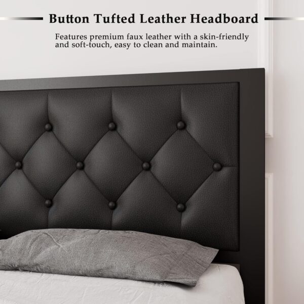 Feonase Queen Size Metal Bed Frame with Faux Leather Button Tufted Headboard, Heavy-Duty Platform Bed Frame with 12" Storage, Steel Slats Support, No Box Spring Needed, Noise Free, Black - Image 5