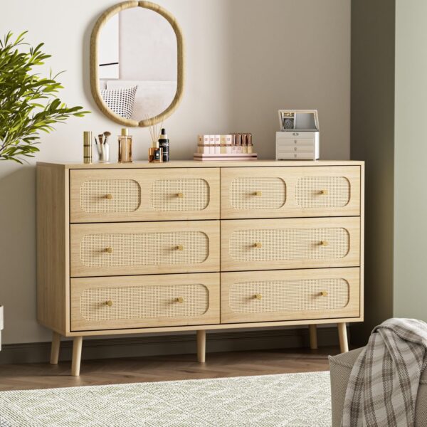 Rattan 6 Drawer Dresser for Bedroom, Wood Boho Double Chest of Drawers with Storage and Gold Handle, Modern Natural Rattan Dresser for Living Room, Hallway, Entryway - Image 4