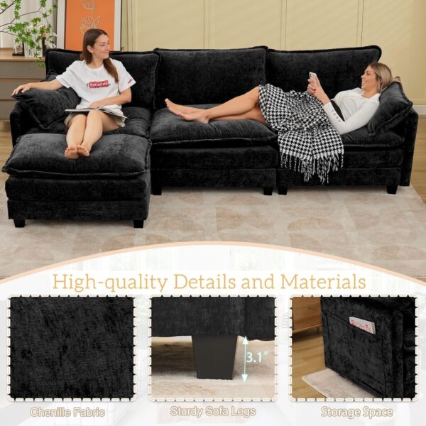 Sectional Couches for Living Room - L Shaped Couch Cloud Couch Comfy Sectional Couches, 113" 3-Seat Comfy Sectional with Ottoman/Pillows for Apartment, Bedroom, Black - Image 7