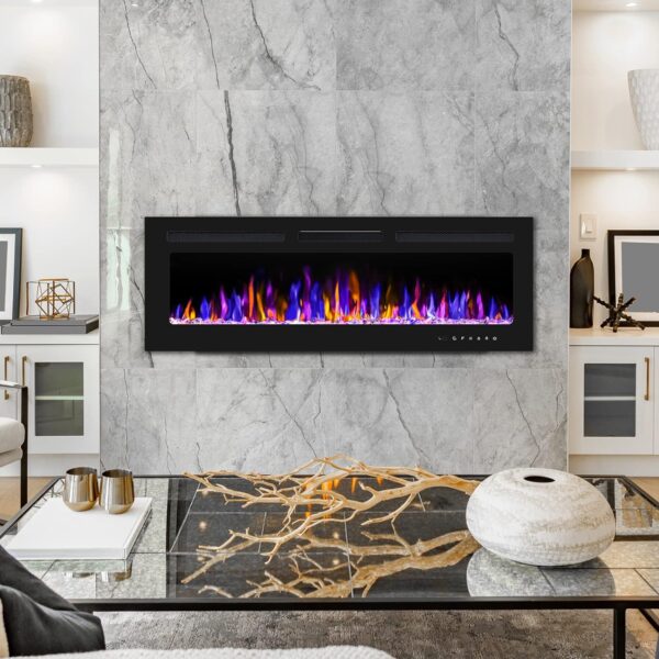 50" Electric Fireplace Wall Mounted and Recessed with Remote Control, 750/1500W Ultra-Thin Wall Fireplace Heater W/Timer Adjustable Flame Color and Brightness, Log Set & Crystal Options - Image 6