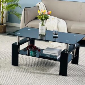 Btrpily Living Room Rectangle Coffee Table, Tea Table Suitable for Waiting Room, Modern Side Coffee Table with Wooden Leg, Glass Tabletop with Lower Shelf, 39.5*23.5*17.5 inches , White