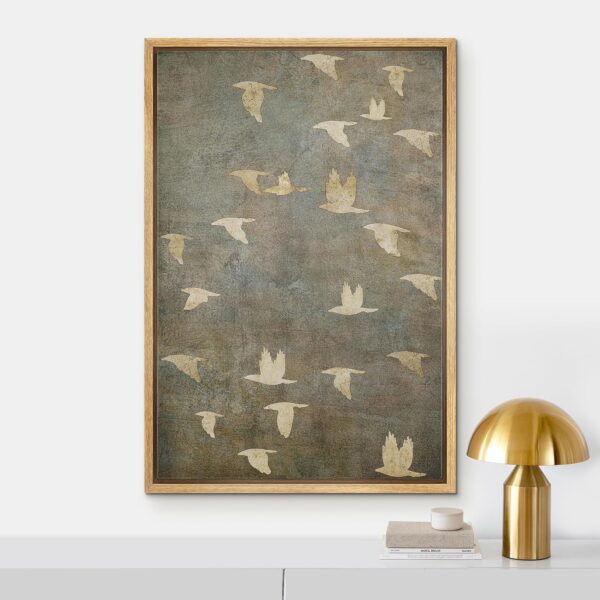NWT Framed Canvas Print Wall Art Grunge Gold Flying Bird Collage Nature Wilderness Illustrations Modern Art Decorative Landscape Rustic Zen Colorful for Living Room, Bedroom, Office - 24"x36" NATURAL - Image 2