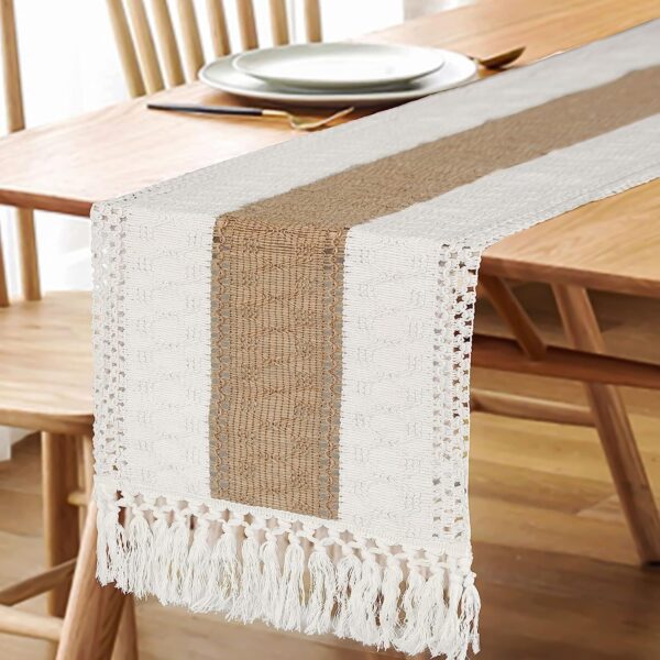 FEXIA Boho Table Runner with Tassels 108 Inches Long for Home Decor Farmhouse Table Runner Cream & Brown Rustic Macrame Table Runner for Bohemian Dining Bedroom Decor Bridal Shower (12x108 Inches) - Image 5