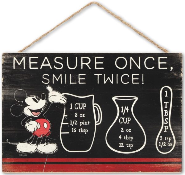 Open Road Brands Disney Mickey Mouse Hanging Wood Measuring Sign - Measure Once, Smile Twice for Kitchen or Dining Room