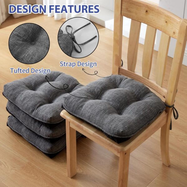 Chair Cushions for Dining Chairs Set of 4, Indoor Kitchen Chair Cushions with Ties and Non Slip Backing, Tufted Shredded Memory Foam Kitchen Chair Pads, 15.5" x 15.5" x 4", Dark Grey - Image 4
