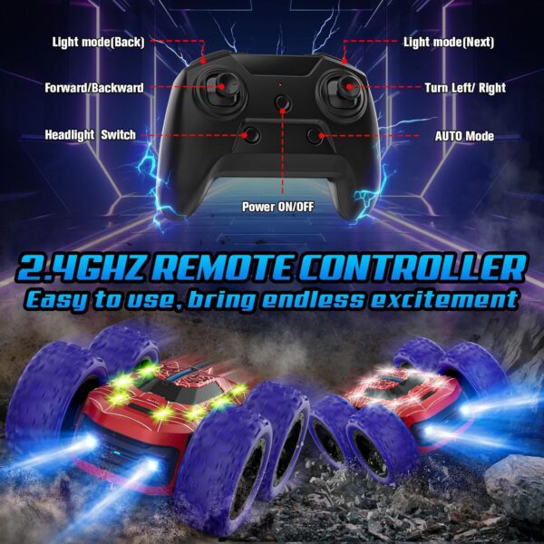 Remote Control Car for Boys, RC Cars for Kids with Colorful LED Lights, 2.4Ghz Double Sided 360° Flips 4WD Stunt Car, Rechargeable Toy Cars for Boys Girls Ages 4-6 5-7 6-8 8-12 Birthday Gift - Image 5