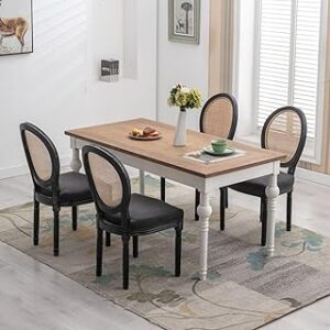 Cane Dining Chairs Set of 4, French Country Wood Dining Room Chairs with Round Rattan Back, Upholstered Farmhouse Kitchen Chairs for Dinner/Restaurant, Whitewashed Finish Black