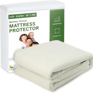 Four Seasons Essentials Queen Size Waterproof Mattress Protector - Cooling Viscose derived from Bamboo Fitted Sheet Mattress Cover - Quilted Jacquard Pad Protects from Dust Allergens