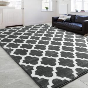 Large 5x8 Geometric Shag Modern Area Rug for Living Room Bedroom, Distressed Moroccan Fluffy Rug Indoor Carpets for Kids Nursery Bedside Room Decor, Memory Foam Shaggy Rugs, Dark Grey/White