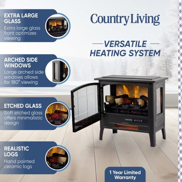 Country Living Infrared Freestanding Electric Fireplace Stove Heater in Deep Red | Provides Supplemental Zone Heat with Remote, Multiple Flame Colors, Metal Design with Faux Wooden Logs - Image 5