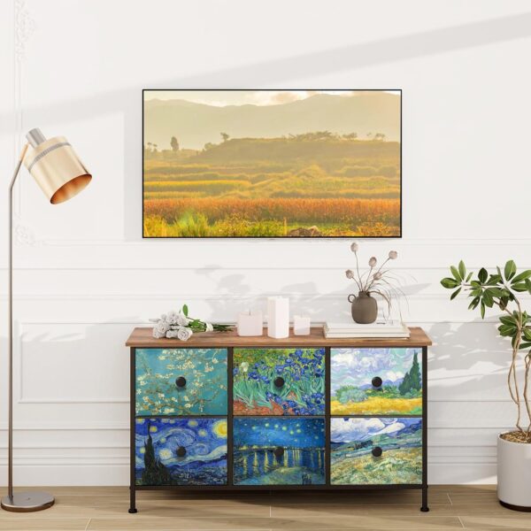 EXOTICA 6 Drawer Dresser for Bedroom Van Gogh Chest of Drawers Wide TV Stands Fabric Storage Drawer Unit for Living Room Entryway Closet Sturdy Steel Frame Wood Top - Image 2