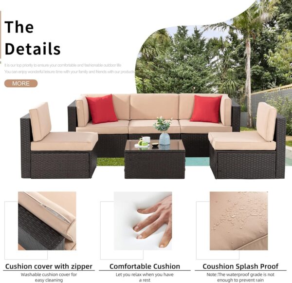 Shintenchi 6 Pieces Patio Furniture Sets Outdoor All-Weather Sectional Patio Sofa Set PE Rattan Manual Weaving Wicker Patio Conversation Set with Glass Table&Ottoman Cushion and Red Pillows, Neutral - Image 5