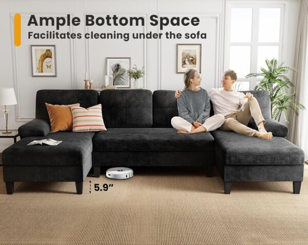 KKL Convertible Sectional Sofa Couch, 4 Seat Sofa Set for Living Room, 112 Inch U Shaped Modern Modular Sofa, Couch with Double Chaise, Chenille, Black - Image 3