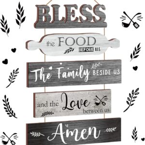 Bless The Food Before Us Sign Farmhouse Kitchen Wall Decor Rustic Dining Room Wall Art Dining Room Decorations Collage Art Wooden Rustic Country Vintage Kitchen Hanging Wood Signs (Gray)