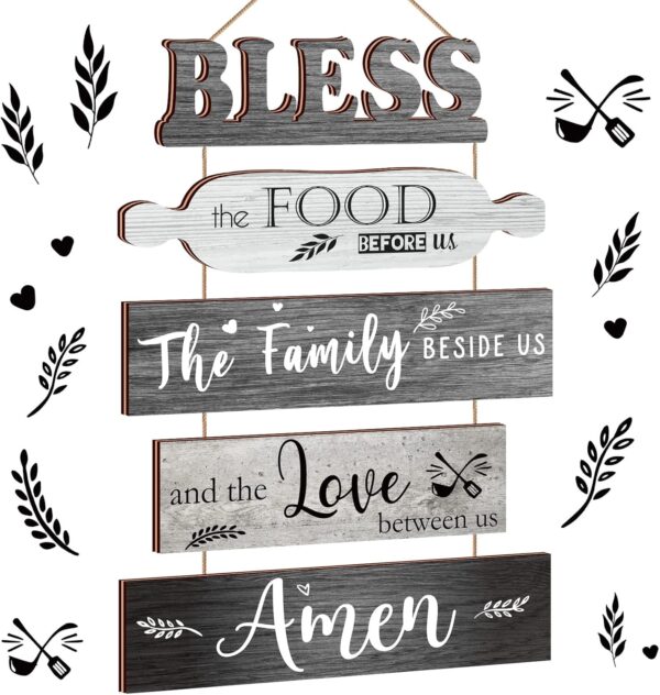 Bless The Food Before Us Sign Farmhouse Kitchen Wall Decor Rustic Dining Room Wall Art Dining Room Decorations Collage Art Wooden Rustic Country Vintage Kitchen Hanging Wood Signs (Gray)