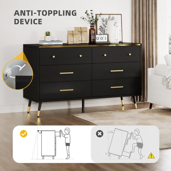 DWVO Black 6 Drawer Dresser, 47" W Large Double Dresser Chest of Drawers, Modern Wood Storage Dresser Organizer with Golden Metal Handles & Anti-Tipping Device for Hallway, Entryway, Dresser Room - Image 4