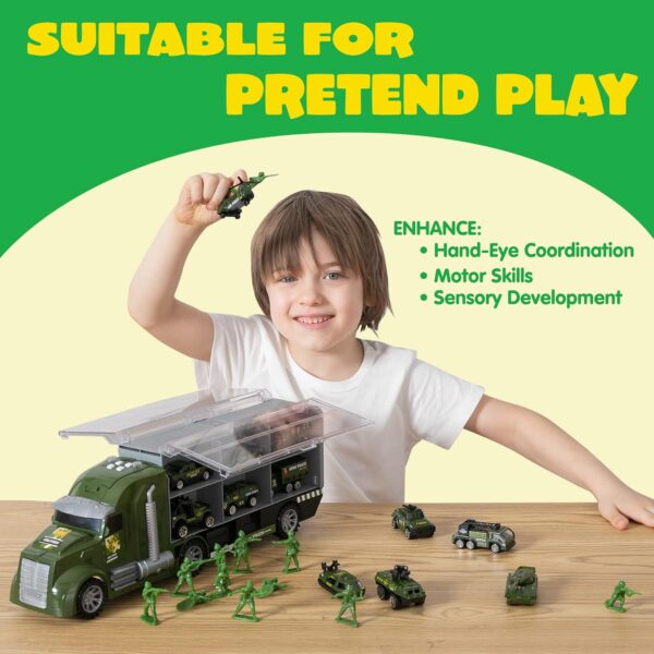 JOYIN 25 in 1 Green Military Big Truck Toys, Army Men Tanks Set with Soldier Men, Mini Battle Car Toy in Carrier Truck with Lights and Sounds, Gifts for Toddler Kids Boys Ages 3+ - Image 4