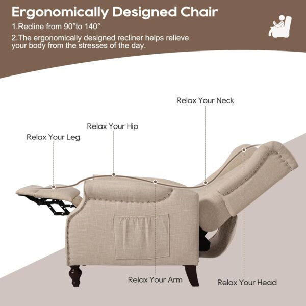 Wingback Recliner Chair with Massage and Heat, Tufted Fabric Push Back Recliner Chair for Living Room, Vintage Recliner Chair with Remote Control, Padded Cushion, Backrest, Wooden Legs - Image 7