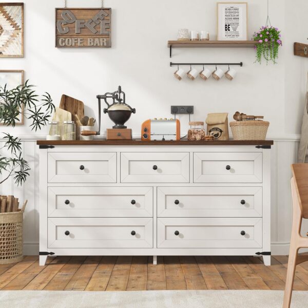 EnHomee Dresser for Bedroom Wood Dresser with 7 Drawers White Dresser with Smooth Metal Rail Long Dressers & Chests of Drawers Farmhouse Dresser for Bedroom Dresser TV Stand, Closet, Antique White - Image 6