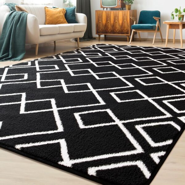 Geometric Modern Area Rug for Bedroom, 6x9 Feet Black Shag Rug for Living Room, Fluffy Moroccan Rug with Memory Foam Carpet Dorm Room Decor for Home Bedside Girls Kids Nursery Play Mat