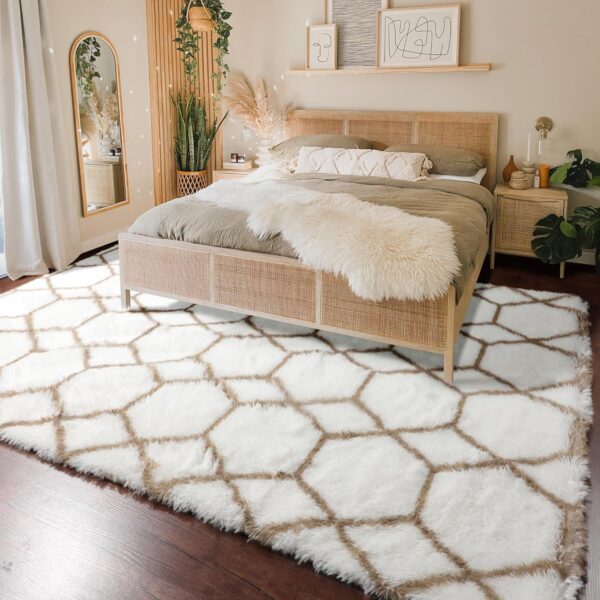 ONASAR Cute Boho Area Rug for Living Room Aesthetic, 5x8 Floor Rug, Moroccan Shag Fluffy Rug for Bedroom, Playroom, Nursery, Soft Furry Carpet, Modern Neutral Bohemian Rug, White and Beige Rug - Image 5